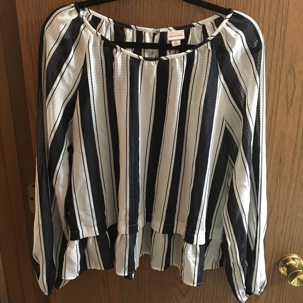 Navy and white ruffle hem Blouse